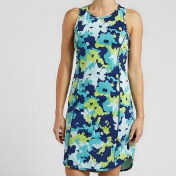 Title Nine Floral Athletic Dress Blue Green Yellow Sleeveless Zip Back Pockets - Picture 1 of 12